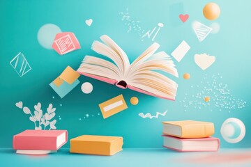 Soft tone education artwork with floating books, minimal icons and abstract study theme on pastel background
