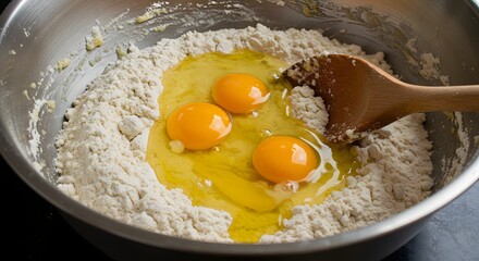 Wheat Flour Mixed Into Rustic Dough With Yolk and Oil Ready for Homemade Pasta Making