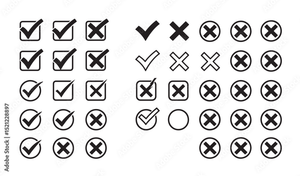 Fototapete collection of check marks and crosses symbols in various styles for design elements