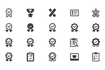 Checkmark and Approval Icon Set. Black Silhouette Vector Glyphs of Validation, Certification, Checklists, Documents, Awards and Security Verification. Vector Illustration