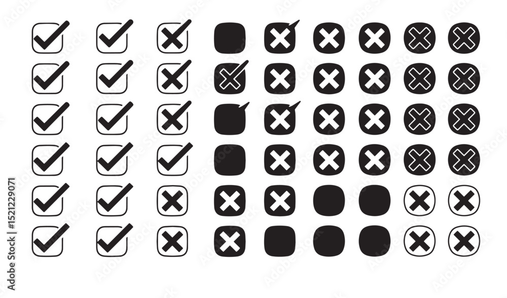 Poster collection of check marks cross marks and blank squares in a minimalist black and white design
