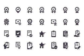 Checkmark and Approval Icon Set. Black Silhouette Vector Glyphs of Validation, Certification, Checklists, Documents, Awards and Security Verification. Vector Illustration
