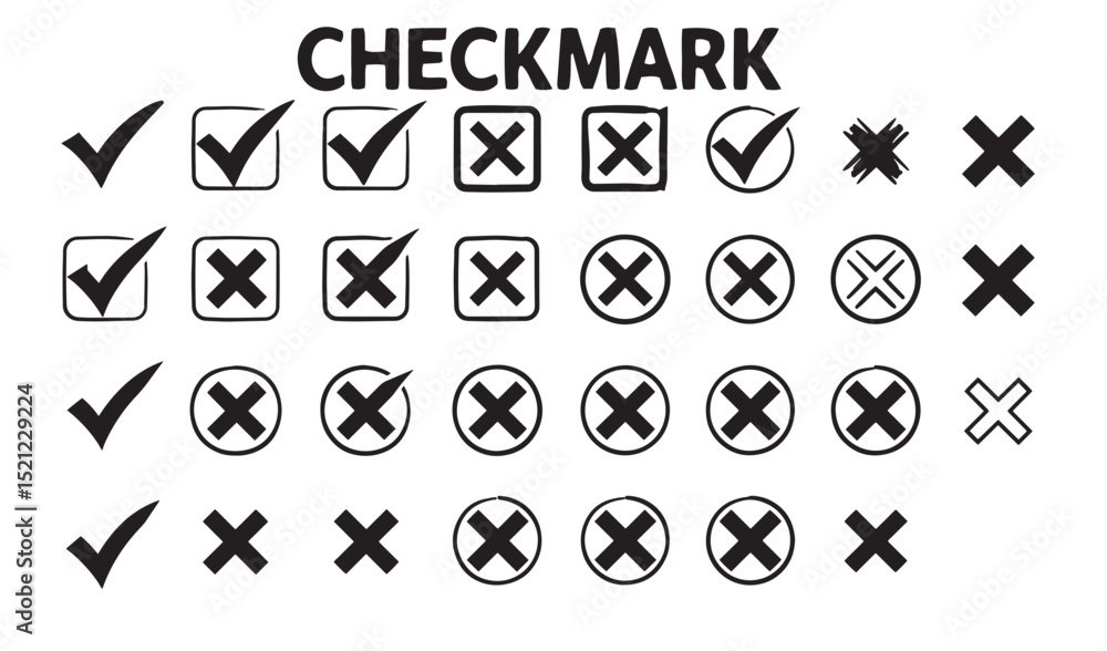 Aufkleber collection of checkmark and cross symbols in various styles and designs for selection or rejection