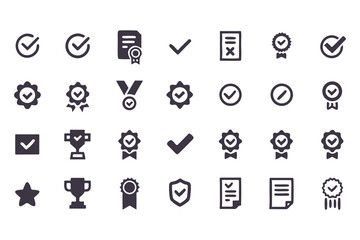 Checkmark and Approval Icon Set. Black Silhouette Vector Glyphs of Validation, Certification, Checklists, Documents, Awards and Security Verification. Vector Illustration