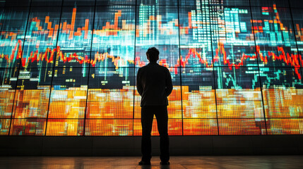 Silhouette of a Man Studying Vibrant Financial Data on a Large Screen