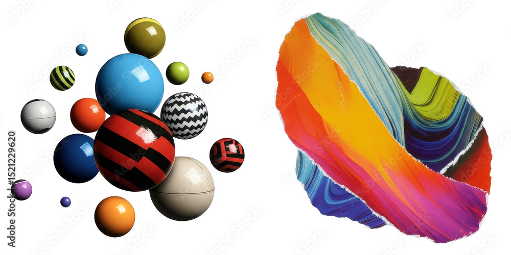 Poster png colorful spheres and a textured form float on a transparent background.