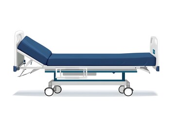 A side view of a blue hospital bed with white frame and wheels isolated on a white background in studio shot