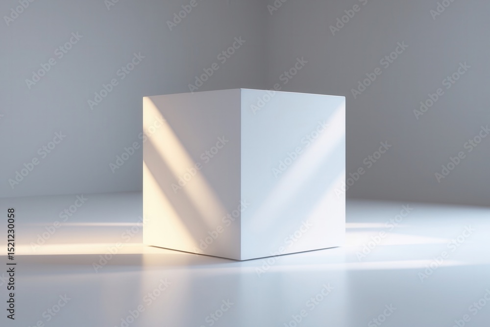Poster minimalist white cube illuminated by soft natural light in a modern studio setting