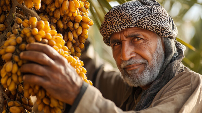Elderly Saudi farmer climbs a date palm to harvest fruit in Qassim, Saudi Arabia on August 5, 2023