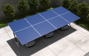 Electric cars charging in solar powered parking lot and battery display. 3D illustration