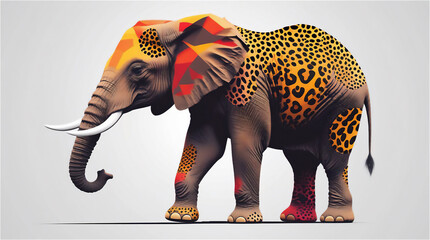 elephant leopard print pop art illustration, white background, african animals