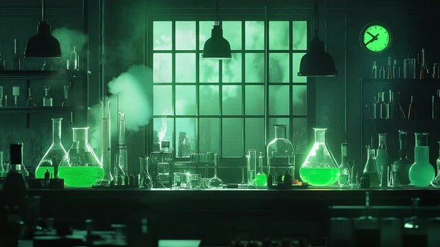 Mysterious green laboratory with beakers and flasks, illuminated by soft light