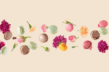 Summer aesthetic flowers with biscuits on a cream background.