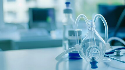 Close-up of nebulizer mask placed on wooden table with medical equipment, healthcare and respiratory treatment concept for asthma or lung disease patients.