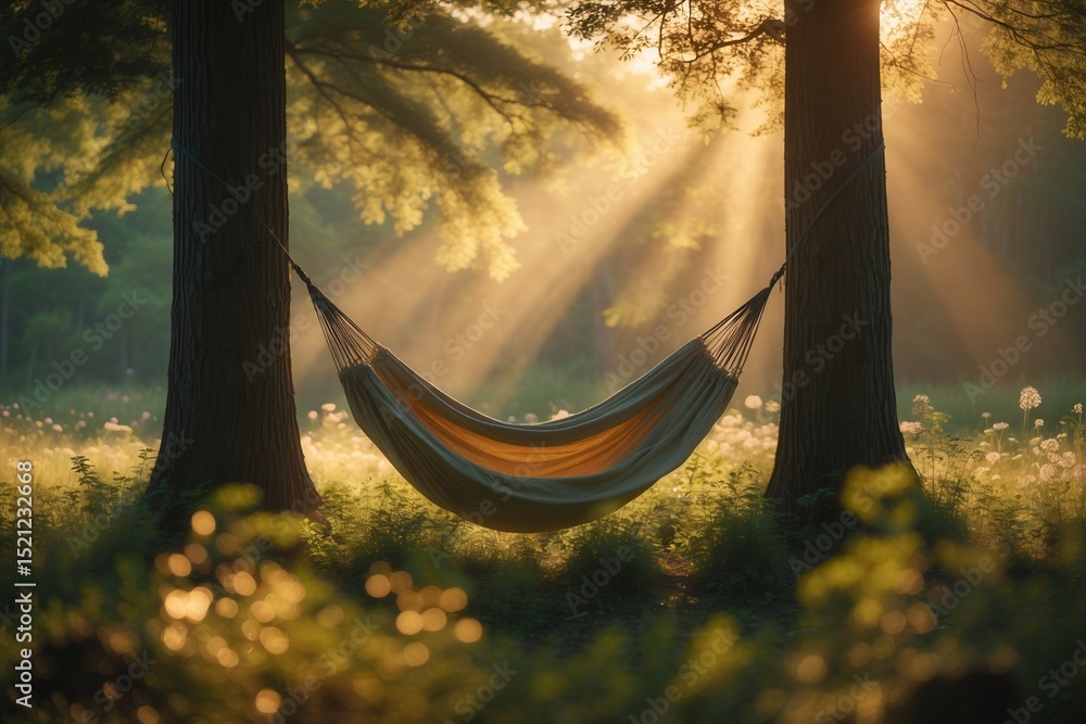 Poster hammock hanging between two trees in a serene forest with sunlight streaming through the foliage