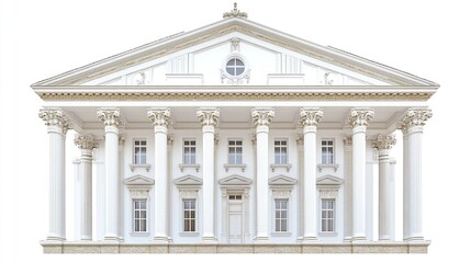 A pristine white neoclassical building facade, featuring a pediment, numerous columns, and evenly spaced windows, set against a stark white background