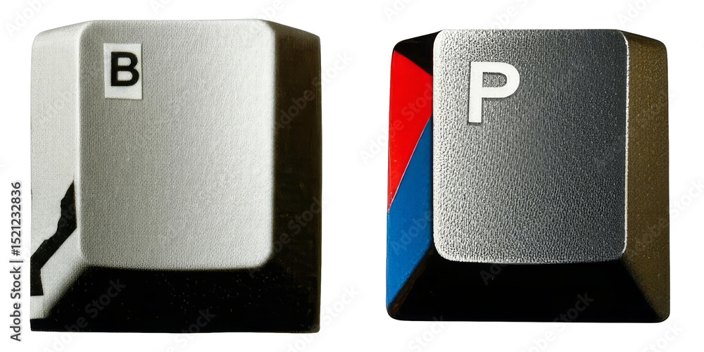 Poster png two metallic computer keys with letter b and p displayed on a transparent background.