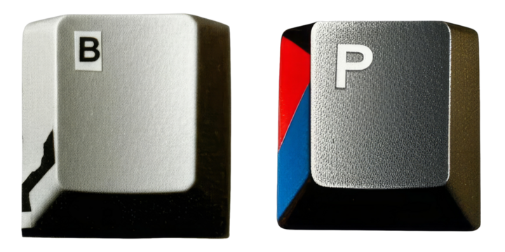 PNG Two metallic computer keys with letter B and P displayed on a transparent background.