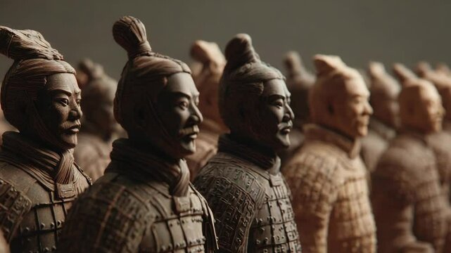 Close up view of numerous terracotta warrior figurines arranged in a row, exhibiting intricate details and varying shades of brown. Subtle lighting accentuates texture and depth.