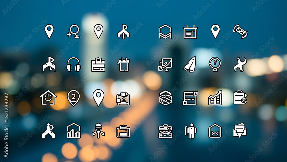 Poster collection of simple navigation and location icons for map and travel applications in a clean layout