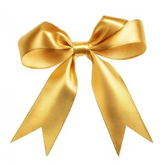 A shiny golden ribbon tied in a bow with pointed ends on a plain white background in a studio setting