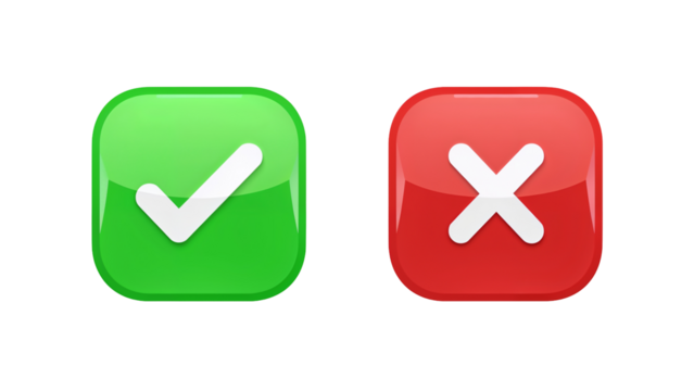 Glossy Checkmark and Cross Icons Green Check, Red X, Buttons, UI Elements