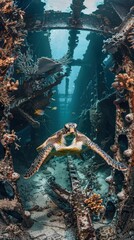 Sea Turtle Exploring an Underwater Shipwreck Surrounded by Coral and Marine Life