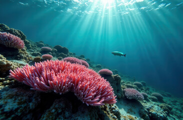 underwater world of the ocean with coral bottom. background about vacation and diving