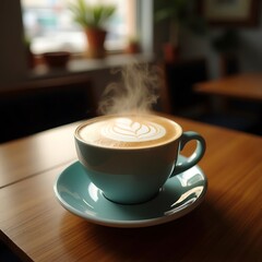 Fototapeta premium Steaming Cup of Latte Art on Wooden Table in Cafe