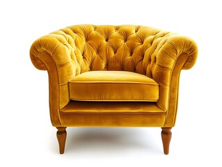 A luxurious golden yellow chesterfield armchair with button tufting on a clean white background studio shot