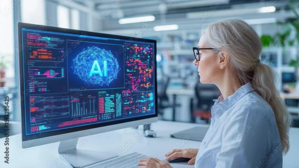 Poster tech-savvy woman: a focused woman, engrossed in the intricate world of artificial intelligence, thou