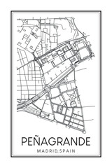 Hand drawn printable downtown road map poster of borough PEÑAGRANDE of the Spanish city of MADRID on solid white background with city name