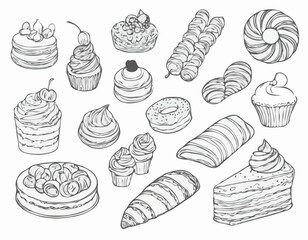 Hand-Drawn Line Art Collection of French Pastries