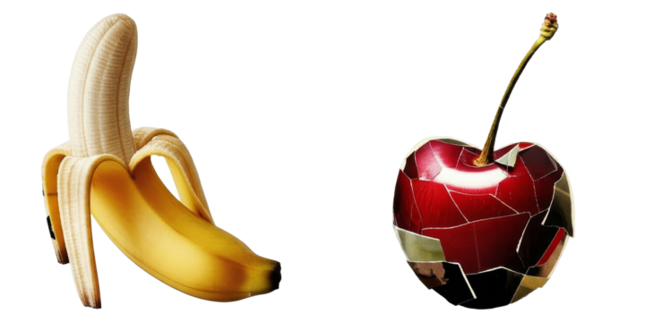 PNG peeled banana and a mosaic cherry rest on a transparent background. - Powered by Adobe