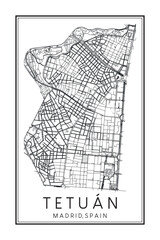 Hand drawn printable downtown road map poster of borough TETUÁN of the Spanish city of MADRID on solid white background with city name