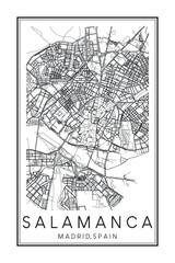 Hand drawn printable downtown road map poster of borough SALAMANCA of the Spanish city of MADRID on solid white background with city name