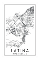 Hand drawn printable downtown road map poster of borough LATINA of the Spanish city of MADRID on solid white background with city name