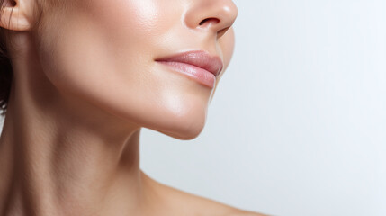 Obraz premium Closeup of woman cheek and jawline with radiant smooth skin and natural lips, showing healthy glowing complexion and soft texture in bright setting