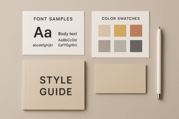 Style guide layout with font samples, color swatches, blank cards and pen on beige background, flat lay composition
