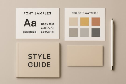 Style guide layout with font samples, color swatches, blank cards and pen on beige background, flat lay composition