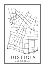 Hand drawn printable downtown road map poster of borough JUSTICIA of the Spanish city of MADRID on solid white background with city name