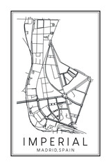 Hand drawn printable downtown road map poster of borough IMPERIAL of the Spanish city of MADRID on solid white background with city name