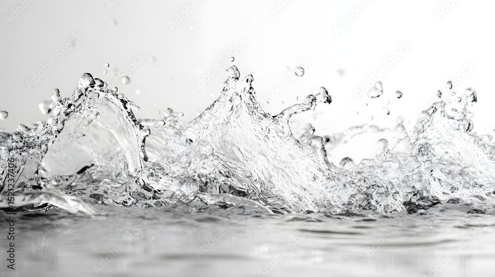 Poster dynamic water splashing action studio setting photography pure white background close-up fluid motio