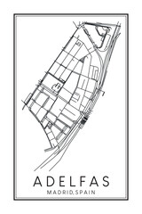 Hand drawn printable downtown road map poster of borough ADELFAS of the Spanish city of MADRID on solid white background with city name