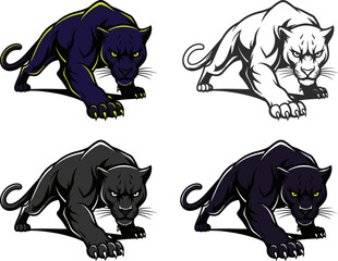 Set of cougars or panther icons, cougar icons in an aggressive position with a stern look.
