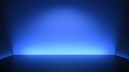 Minimal Blue Studio Background with Glowing Gradient Light and Reflective Floor, Futuristic Empty Room, Ideal for Product Display, Tech Presentations, and Digital Branding