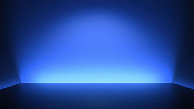 Minimal Blue Studio Background with Glowing Gradient Light and Reflective Floor, Futuristic Empty Room, Ideal for Product Display, Tech Presentations, and Digital Branding