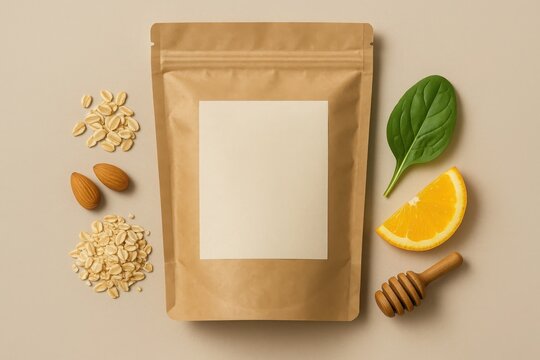 Flat lay of kraft pouch mockup with healthy ingredients like oats almonds orange spinach and honey perfect for superfood branding or packaging design