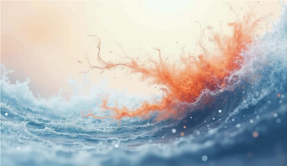 Abstract Blue and orange stippling texture with dusty waves and blurred grain dissolve. Monochrome spray pattern in soft organic motion. Vector illustration