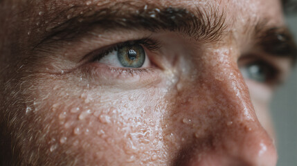Closeup of man sweaty face with water droplets on skin and green eye looking focused and intense in natural light. detailed texture shows pores and facial hair